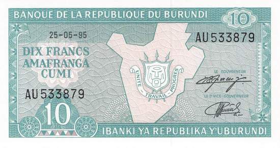 Burundi p33c 10 Francs 1995